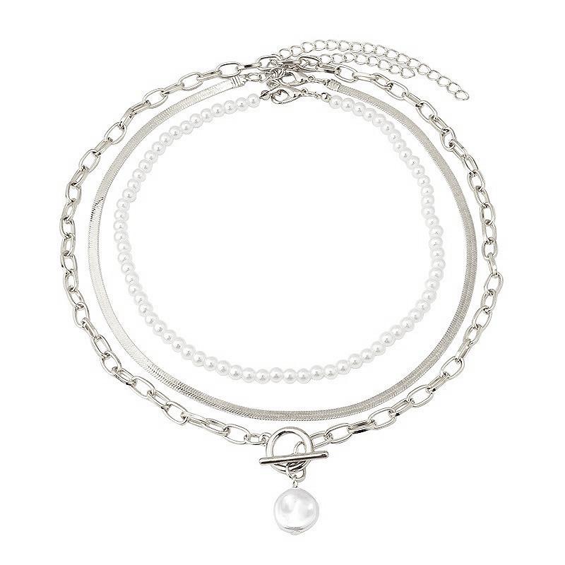 European and American Fashion, Simple Pearl Splicing Chain Necklace, Double-layer Women's Necklace Stacked with Wind Alloy Necklace