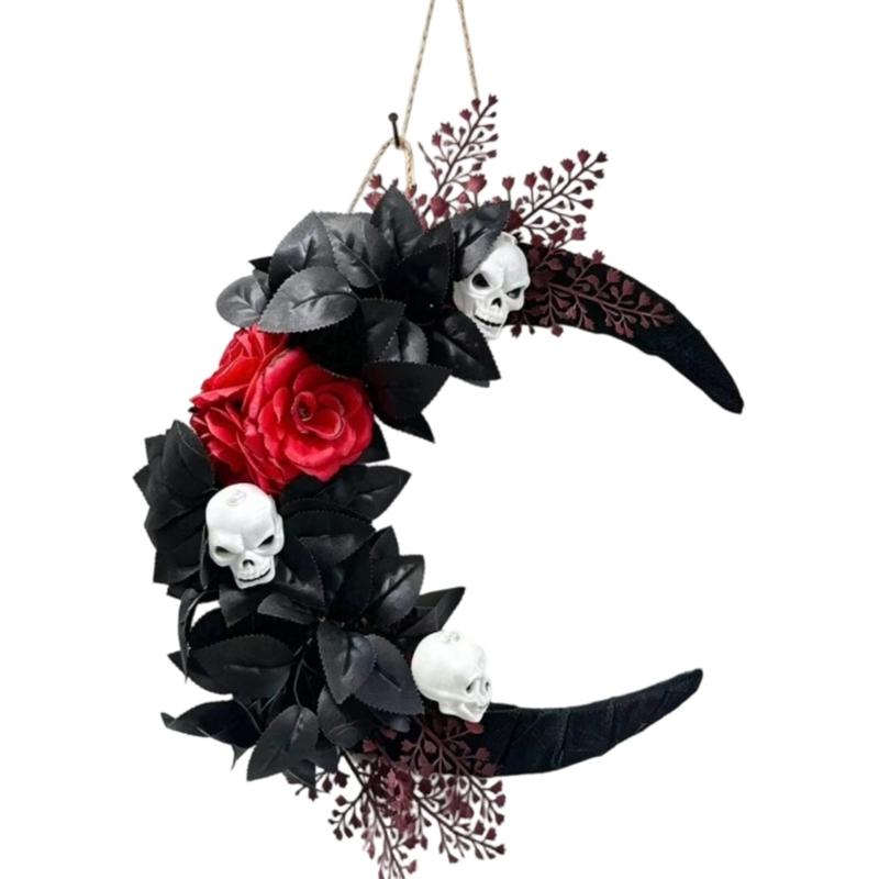 Gothic Halloween Wall Wreath, Moon Shape Rose and Skull Wreath Hanging Decoration for Front Door, Entryway, Room, and Themed Party Backdrops Display