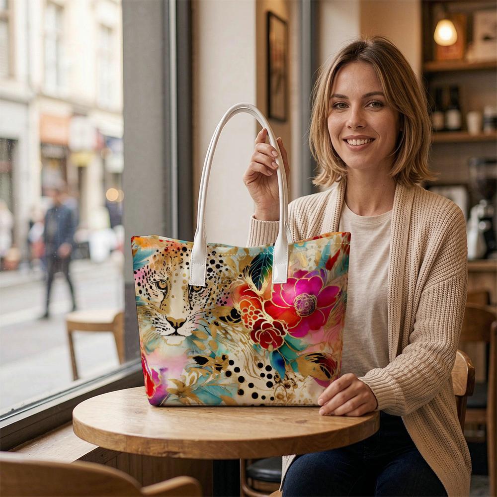 Vibrant Floral Leopard Print Tote Bag Stylish Casual Shoulder Bag for Daily Use