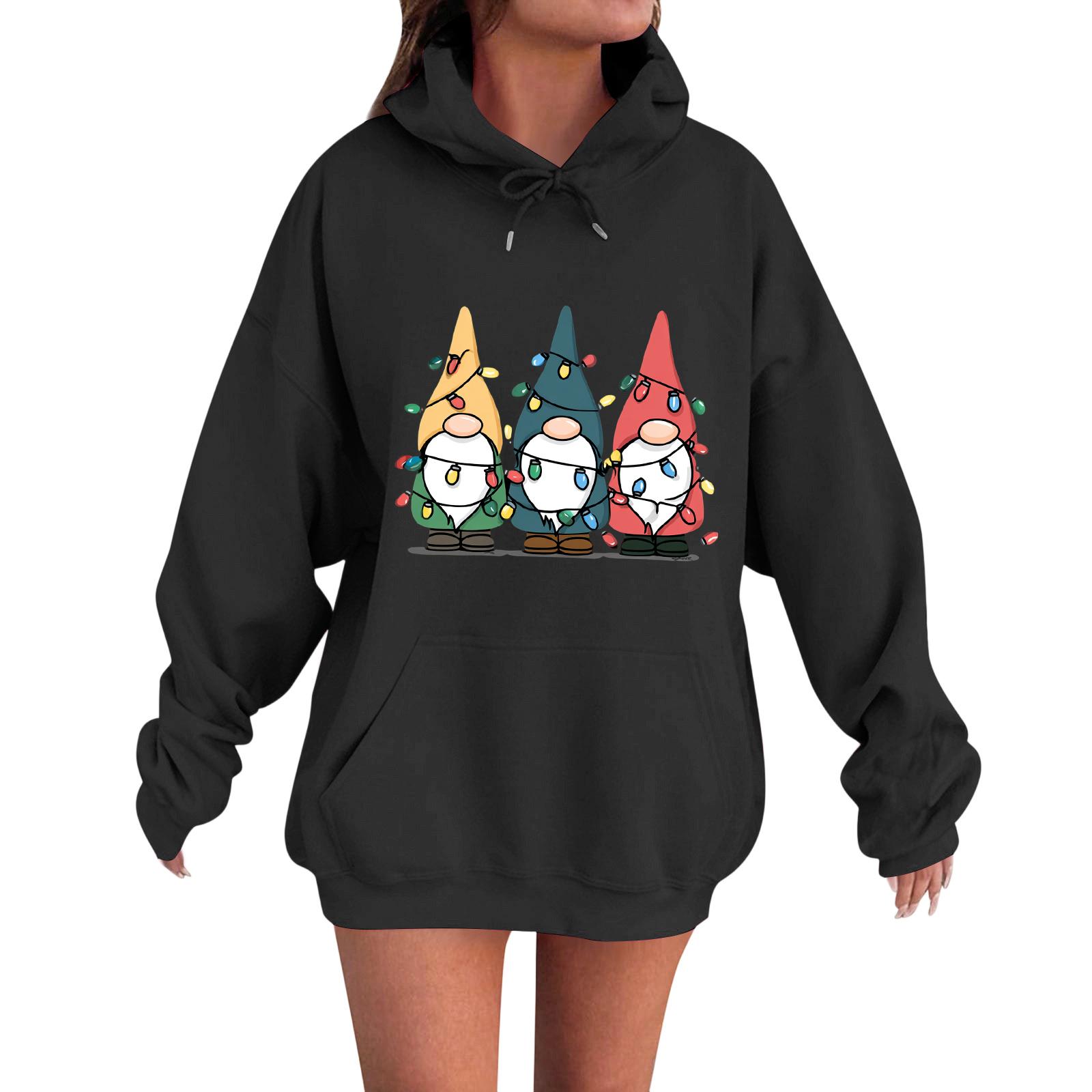

Women s Fashion Casual Long Sleeve Loose Christmas Print Hooded Sweatshirt XXL чорний