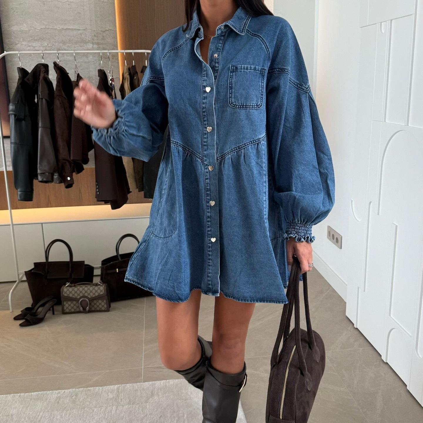 Europäische & Amerikanische Damenmode Lässiges Langarm-Jeans-Hemdkleid 2025 Small blau