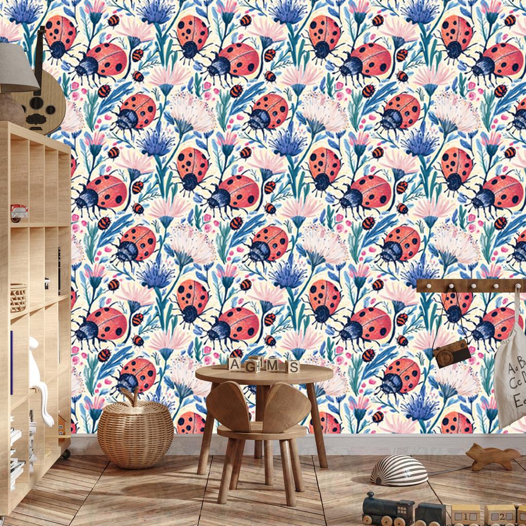 Ladybugs Wallpaper Light Gray, Blue, and Coral 50x1000