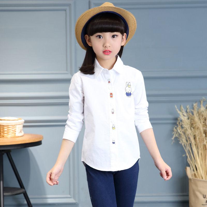 Camisa escolar para adolescentes, blusa para niña, blusa blanca de algodón de manga larga con dibujos animados, Tops bordados, ropa para niños para primavera y otoño