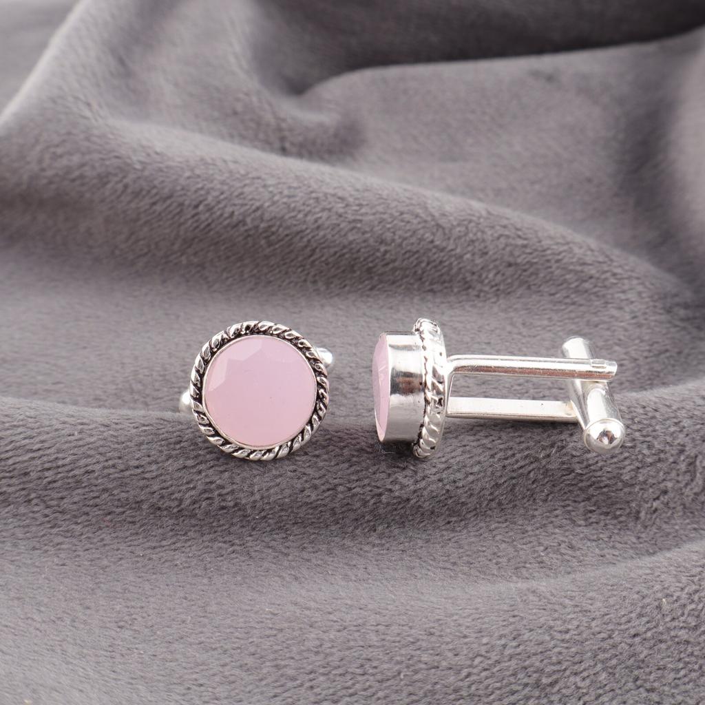 Rose Chalcedony Gemstone 925 Sterling Silver Handmade Round Shape Cufflinks0.51" CL-3-18