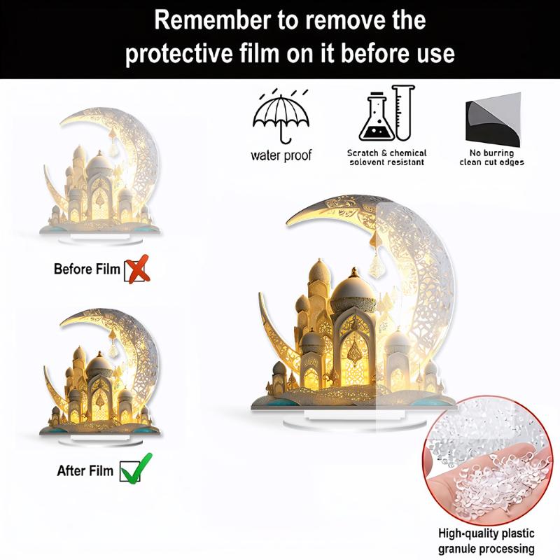 2D Acryl Maanvormig Kasteel Ornament Ramadan Festival Decoratie Eid Al-Fitr Mubarak Islamitisch Tafelbord Huisfeest Evenementen Decor+