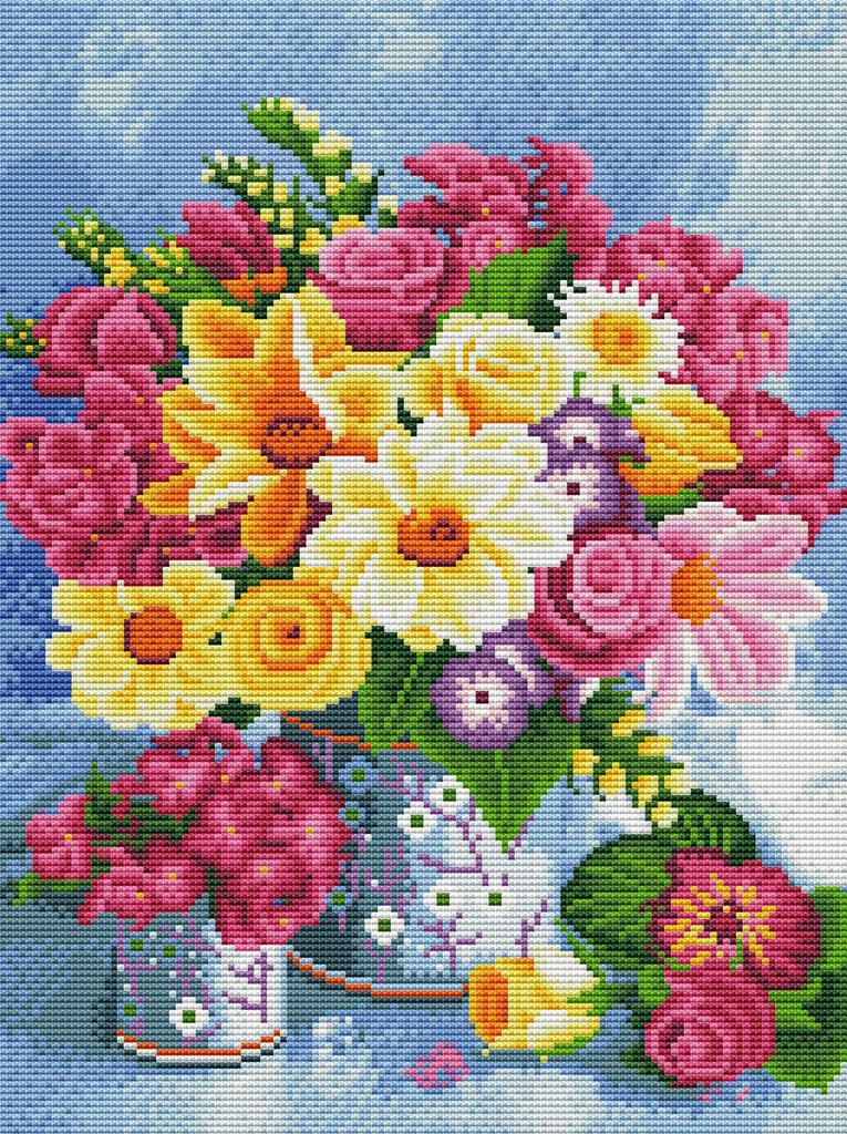 OWN4B Cross Stitch Embroidery Kit Pattern 11ct Flowers in a Easy Embroidery Set for 36x46cm Cross Stitch Print, Vase, Beginners,