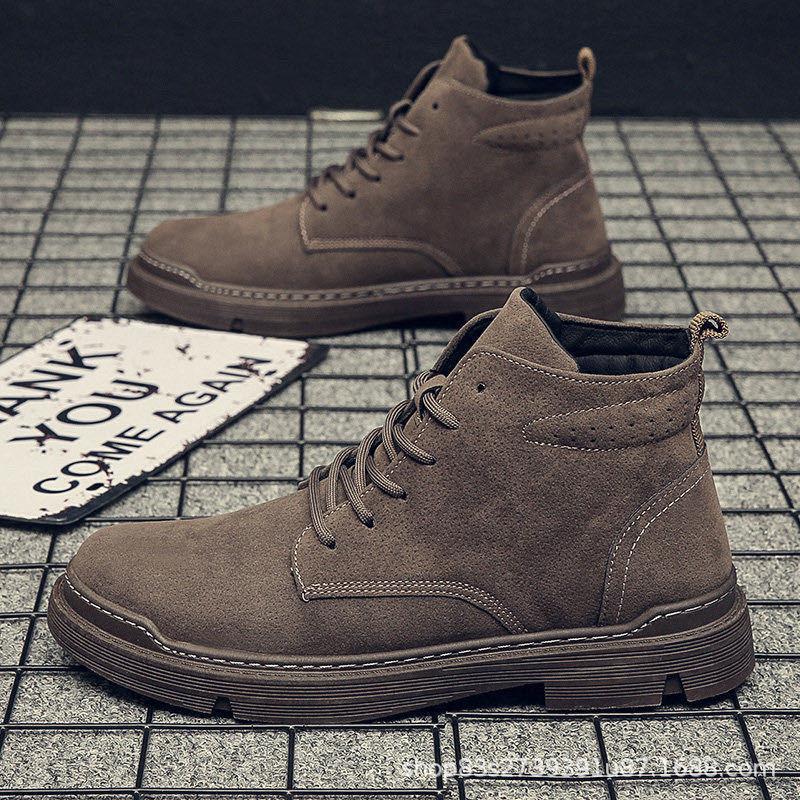 Winter black front strap men's casual solid color round head sewing line winter fashion flat heel Martin boots