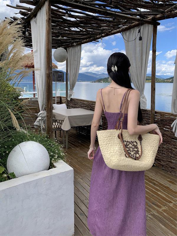 Purple Korean-Style Early Autumn Waist-Slimming Suspender Dress for Women