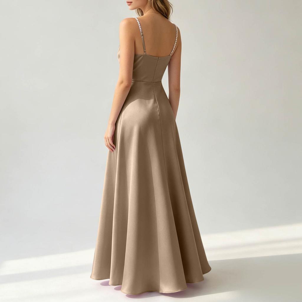 Sleeveless Satin Long Dress with Beaded Spaghetti Straps Floor Length Slim Fit Evening Gown Elegant Formal Occasion Dress