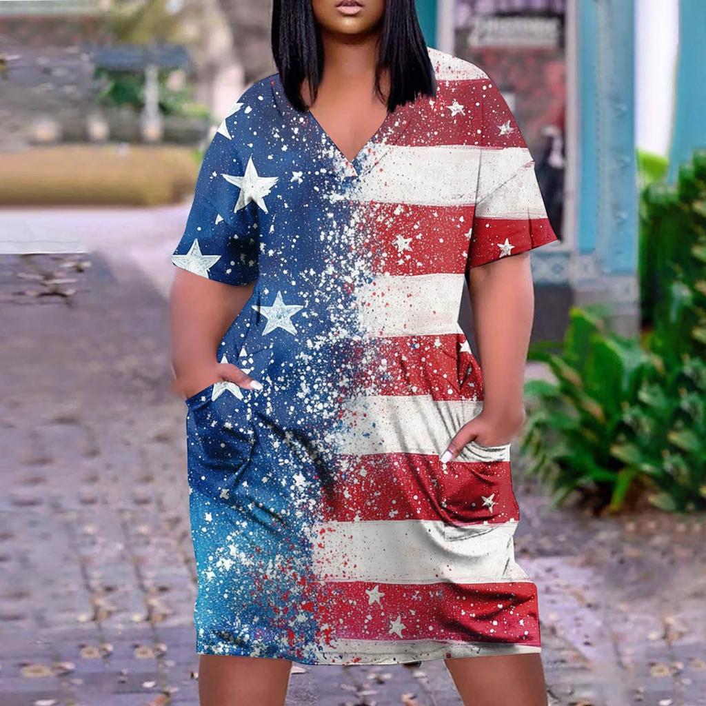 Summer Plus Size V Neck Short Sleeve Knee Pocket Gradient Print Casual Dress For Women