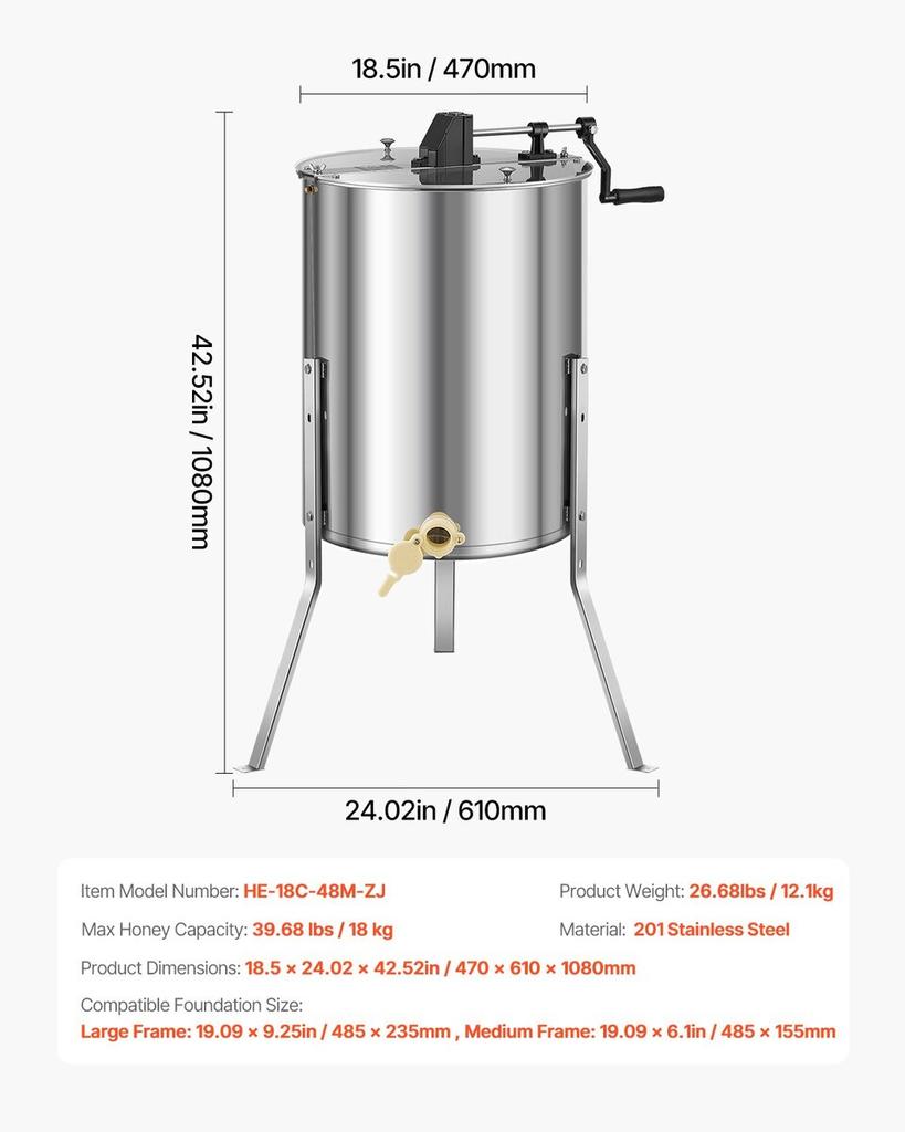 Manual Honey Extractor 4/8 Frame Honey Spinner Beekeeping Stainless Steel