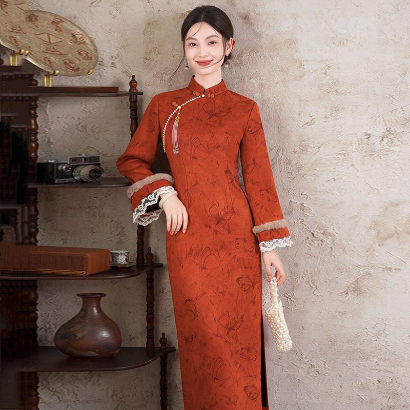 Orange velvet winter clothing national style new Chinese long-sleeved improved cheongsam winter thick women's retro New Year's clothing