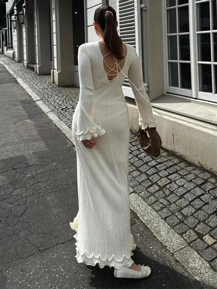 Elegant Flared Long Sleeve O-Neck Dress Women Casual Lace Fishtail Slim Party Dresses Female Fshion Chic Solid Summer Streetwear Dress