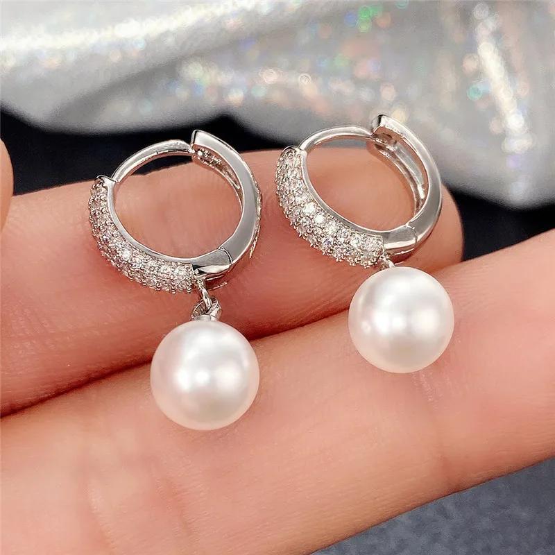 Huitan New Trend Imitation Pearl Dangle Earring for Women Luxury Silver Bling Cubic Zirconia Fashion Elegant Lady Jewelry