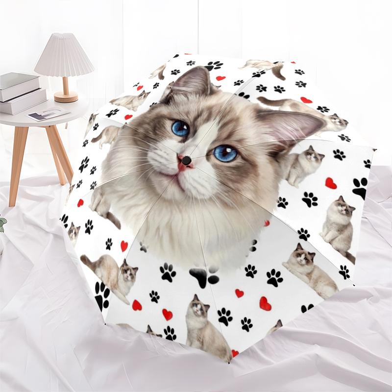 1 Stück Automatischer Faltregenschirm - Süßes Katzen-Hasen-Muster, Tragbares & Faltbares Design mit 8 Speichen, Weihnachts-Geburtstagsgeschenke