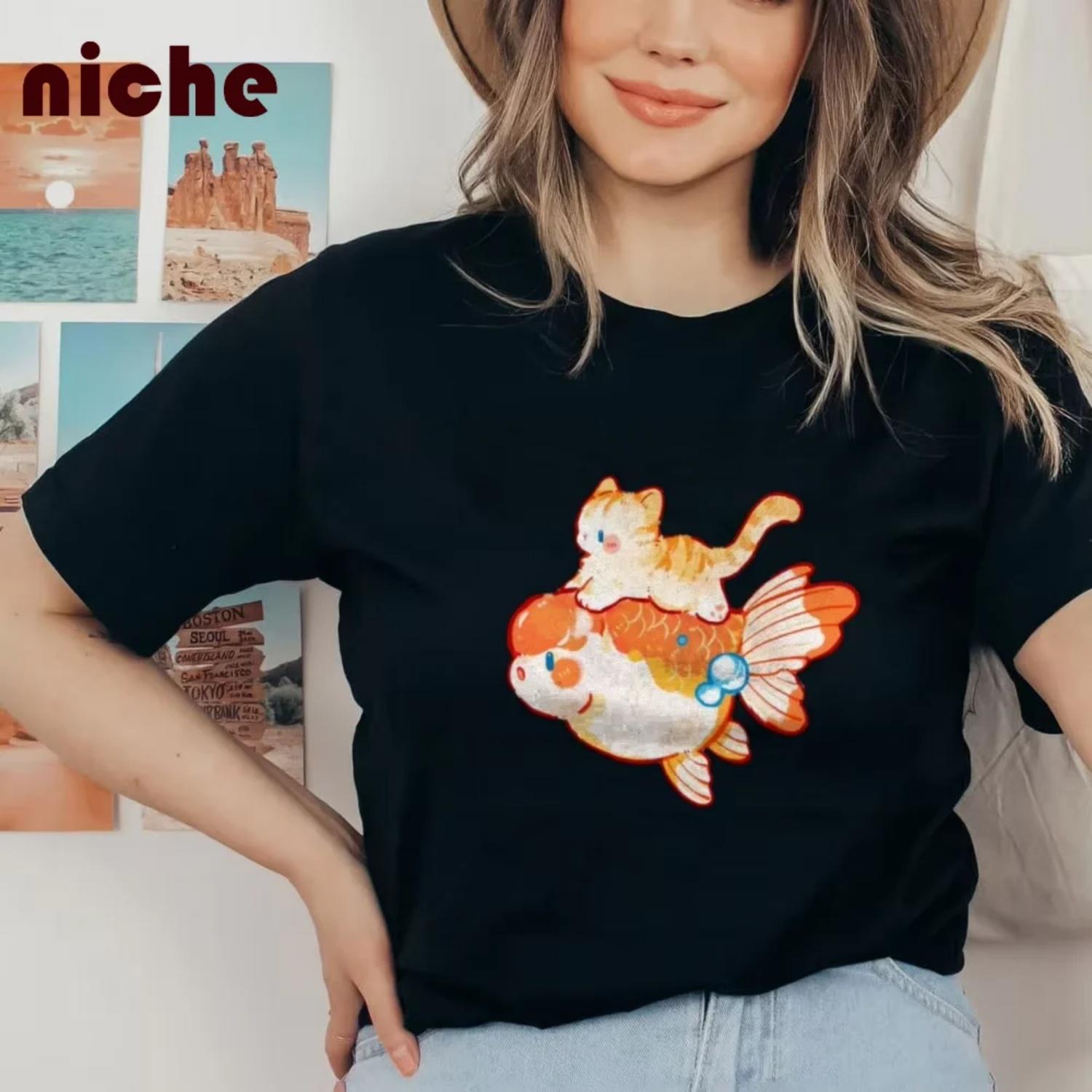 

Women s Cotton High-Quality T-Shirt Cute Kitten Goldfish Graphic Printing Round Neck Soft Pullover Trendy Fashion Short Sleeves S чёрный