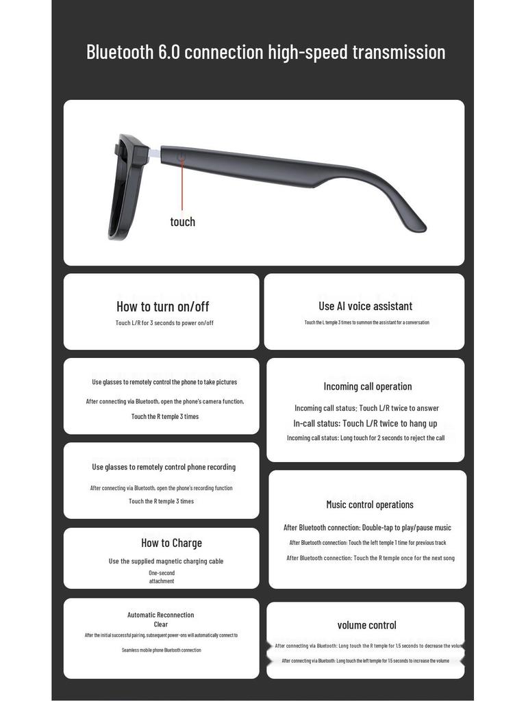 KI-gestützte photochrome Bluetooth-Smartbrille: Übersetzung, Multifunktionales Fahren, Drahtlose Audioübertragung.