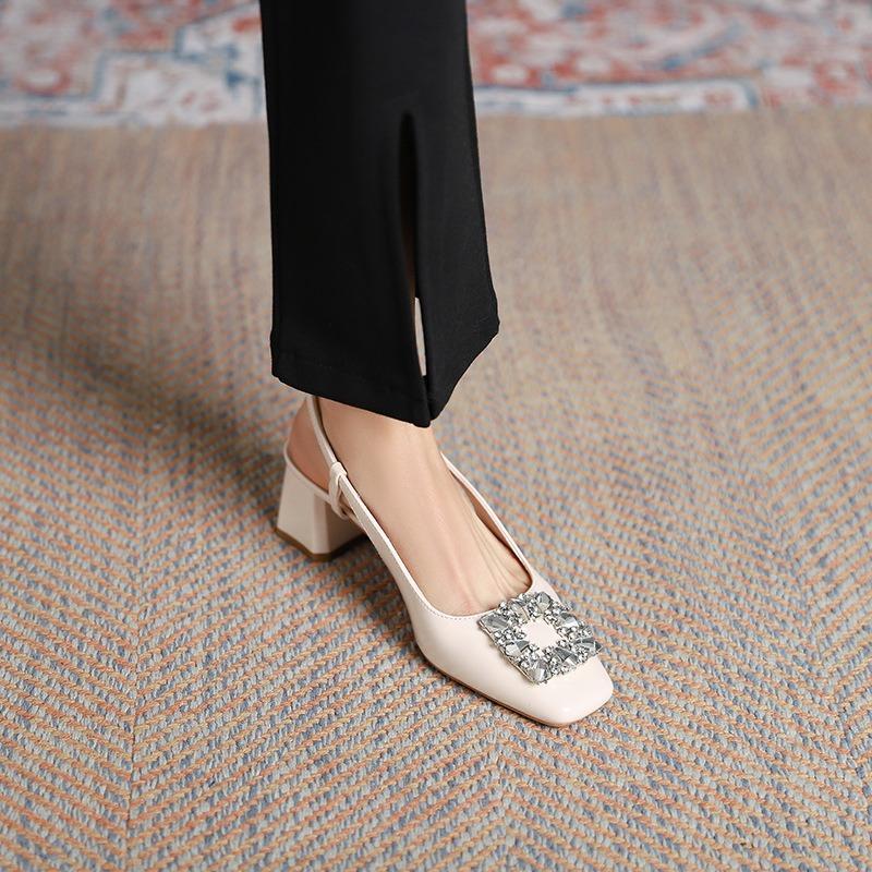 9-High-heeled bag head sandals women's summer new thick-heeled square head high-heeled shoes rhinestone shallow mouth single shoes