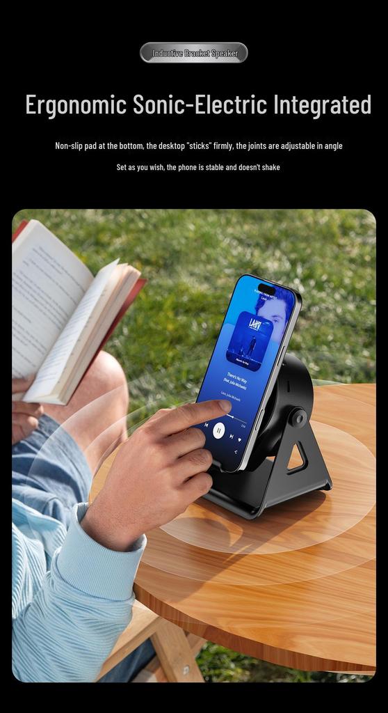 5-in-1 Bluetooth Speaker: Smart Sensor, Wireless Charger, Magnetic Phone Holder, Rotating Multifunction.