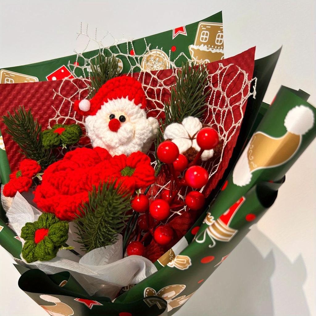 1Pc Christmas Bouquet Finished Pure Handmade Wool Flower Nobesong Holly Gift Hand Bouquet