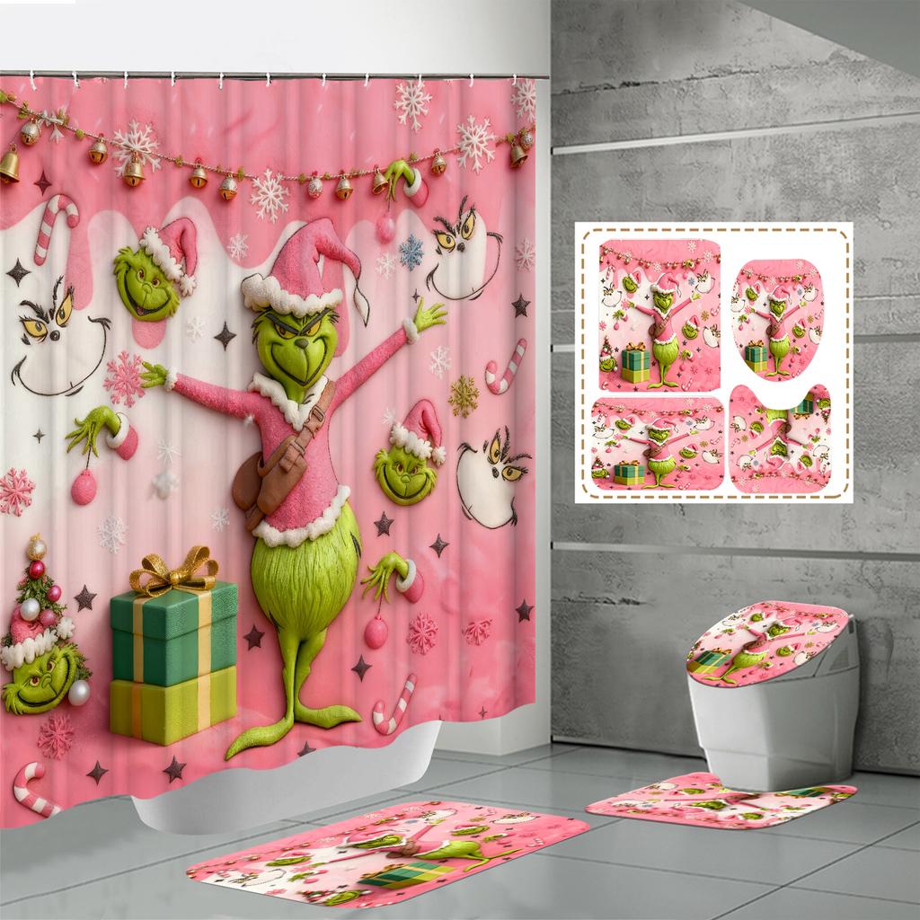 4PCS Shower Curtain Sets With Shower Curtain And Rugs Toilet Lid Rug U Shape Mat And Bath Mat Bathroom Set With 12 Hooks