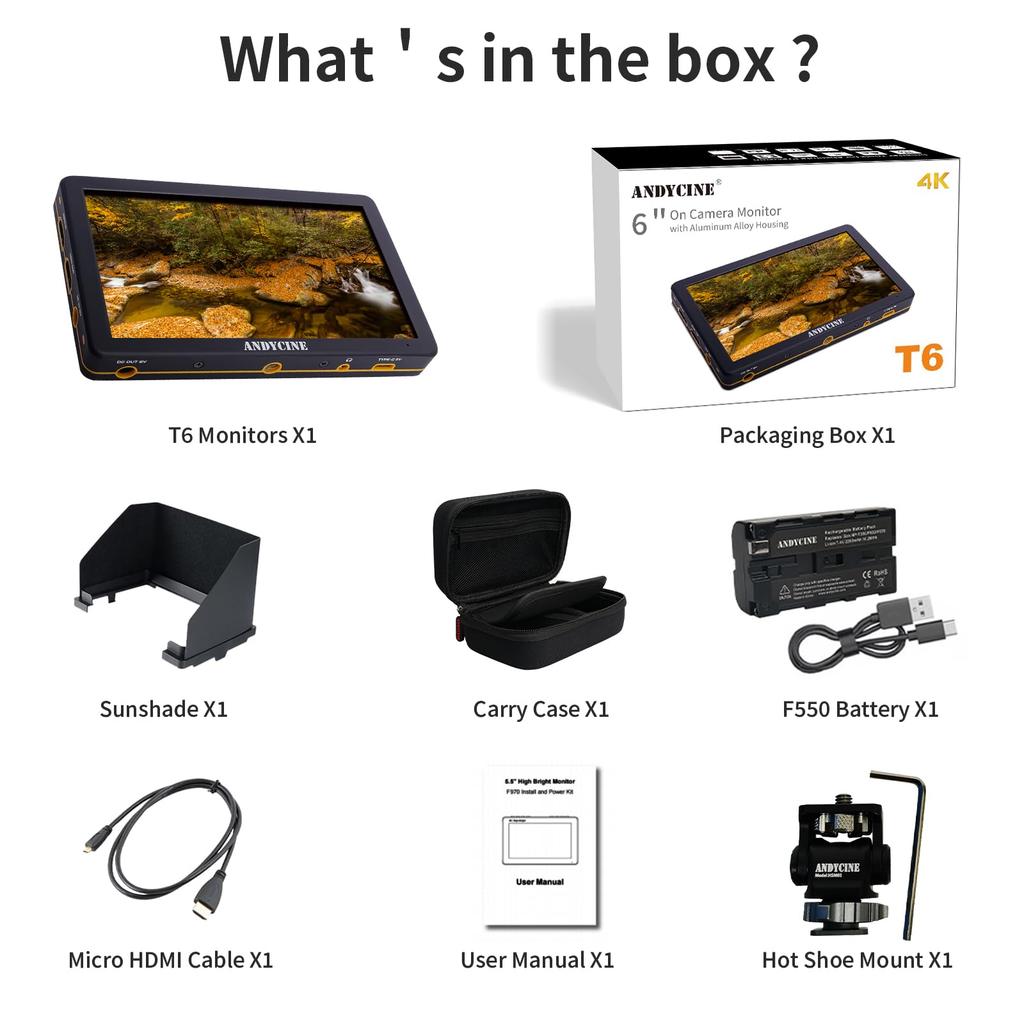 ANDYCINE T6 DSLR Video 1920x1080 Durable Aluminum 4K HDMI Full 3D LUTs Case 6-inch Monitor, Resolution, Shell, On-Camera Monitor, Waveform, (Carry