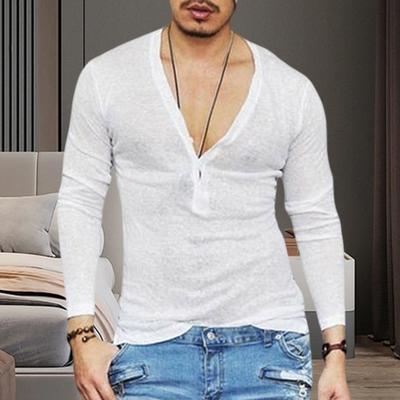 Yousheng Herr T-shirt V-hals Knappar Halvslå Långärmad T-shirt Enfärgad Slim Fit Normal Stil Andningsbara Toppar