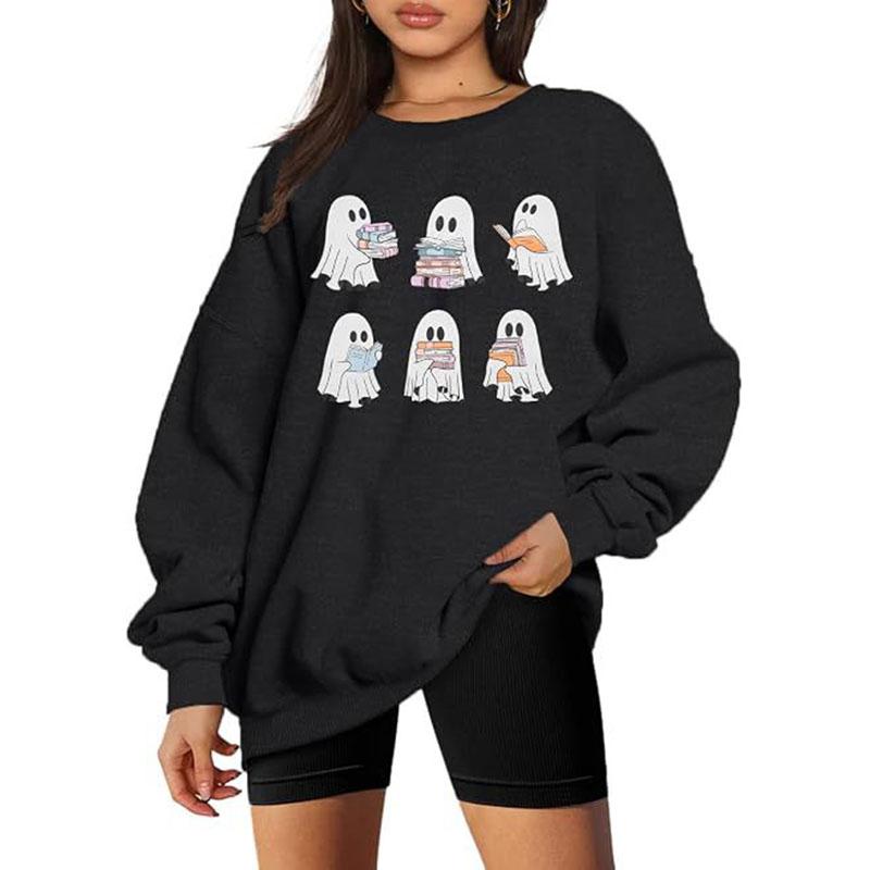 Hallowmas Ghost Print Long Sleeve Sweatshirt Women Crew Neck Oversized Pullover Top