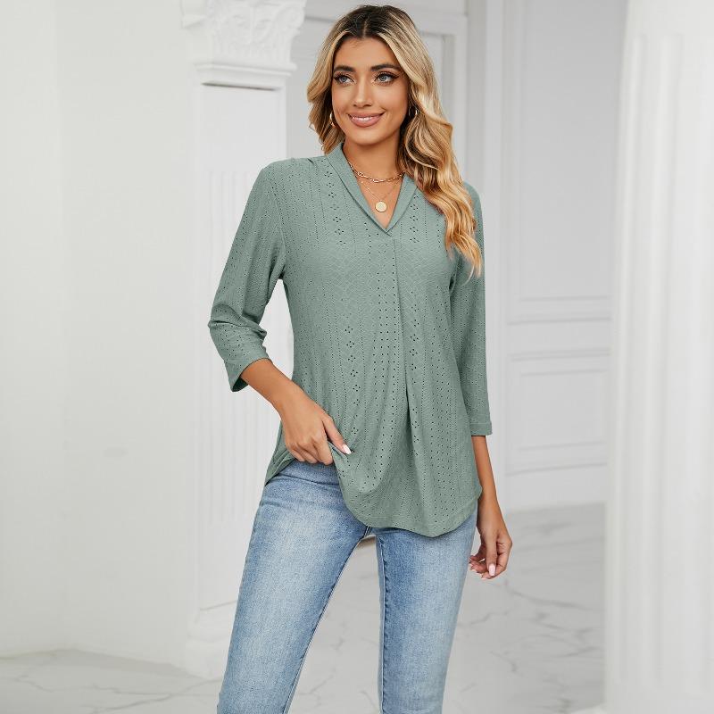 Neue Herbstkleidung für Damen, Jacquard-Oberteile mit V-Ausschnitt, T-Shirts mit mittleren Ärmeln
