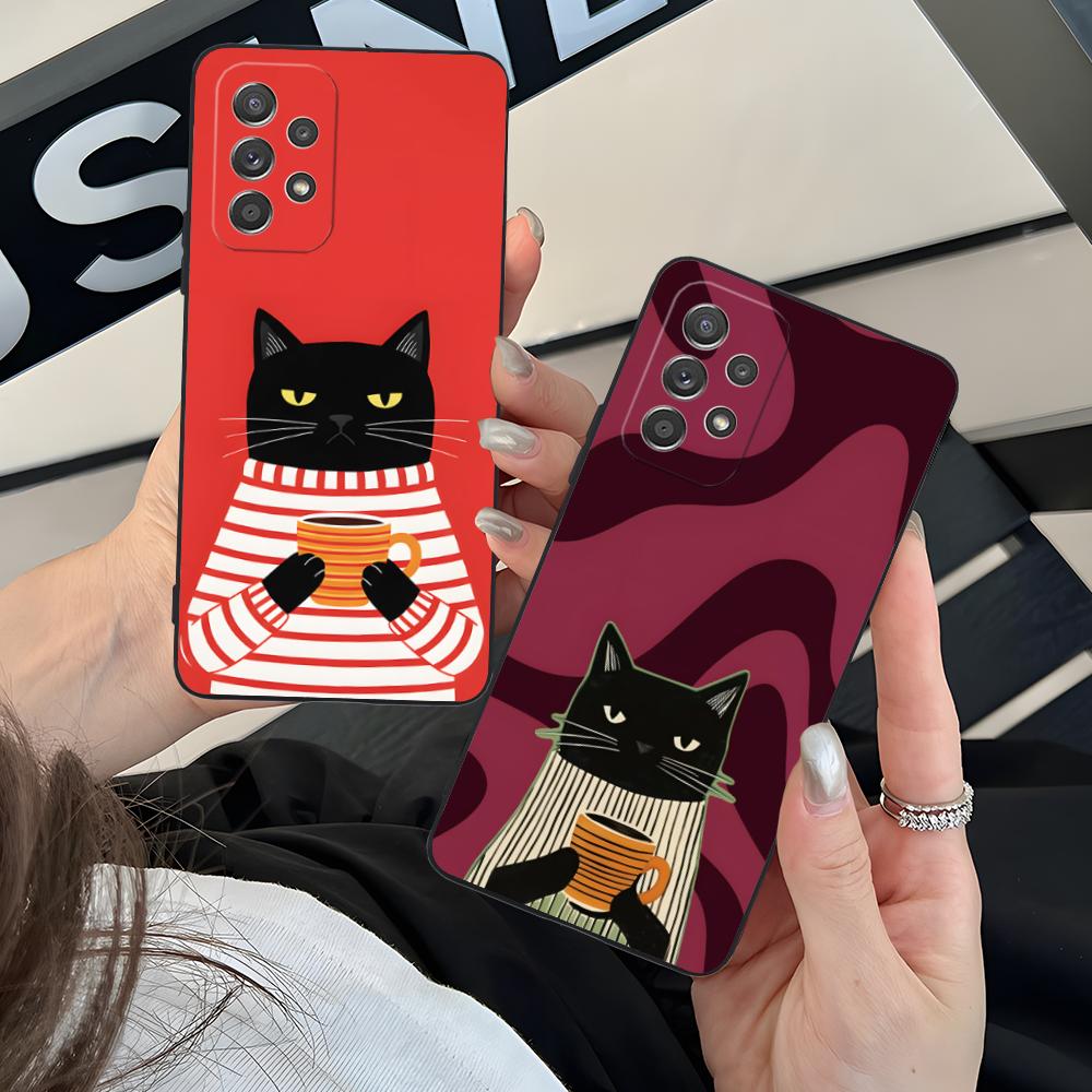 Cute Coffee Cat Matte TPU Mobile Phone Case for Samsung Galaxy M55 54 42 35 34 33 32 23 22 15 14 13 12 F55 5G Colorful Cover