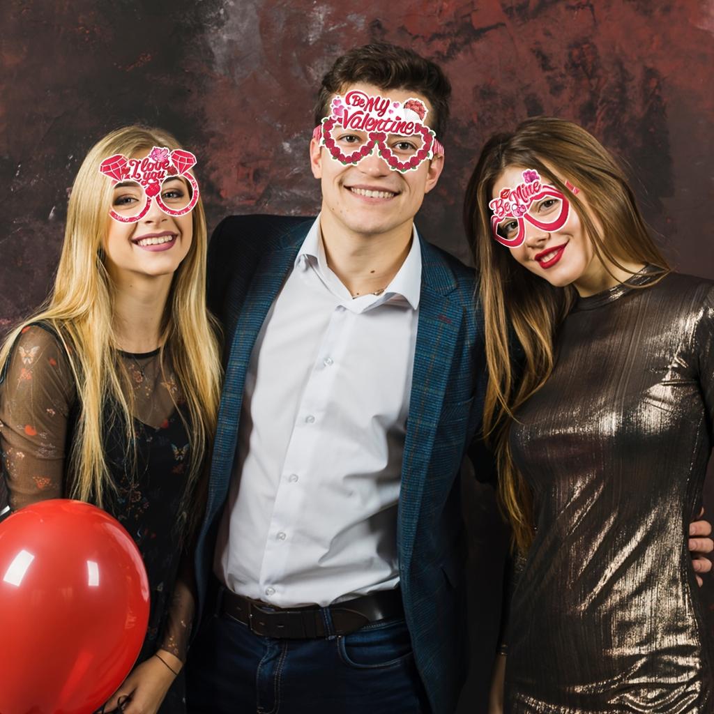 8pcs Valentine's Day Party Glasses - Charming Pink & Red Themed Photo Props with Heart, Flower, & Kiss Designs,for Celebrations