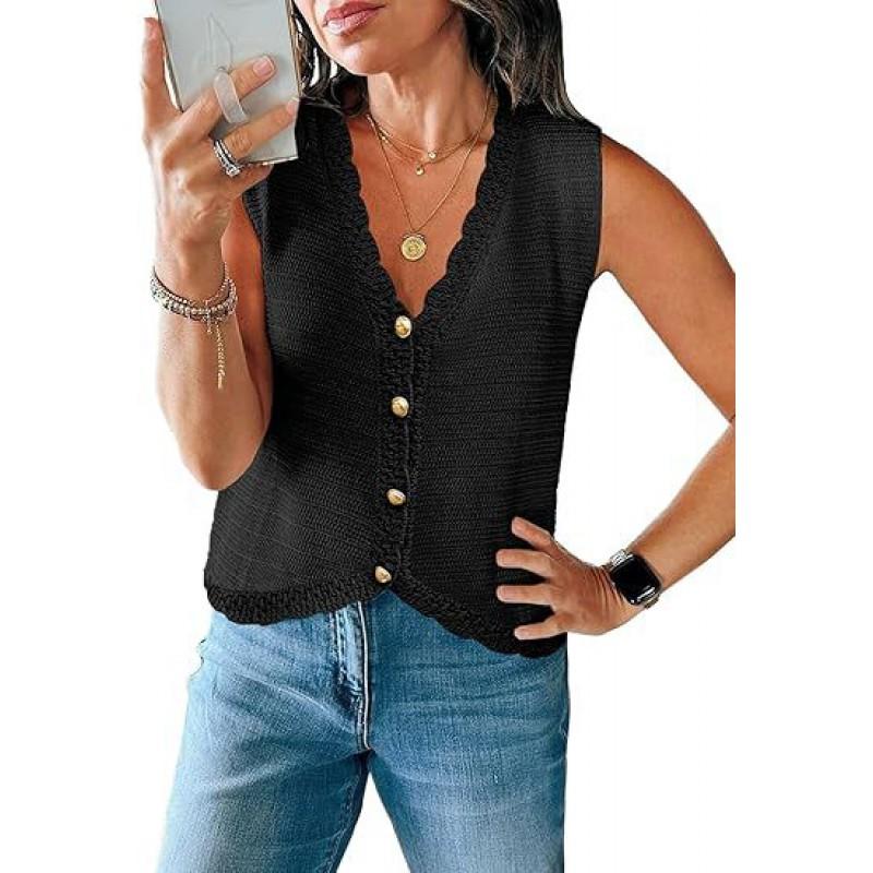 Womens V-Neck Sleeveless Knit Cardigan Short Loose Fit Casual Top With Button Front