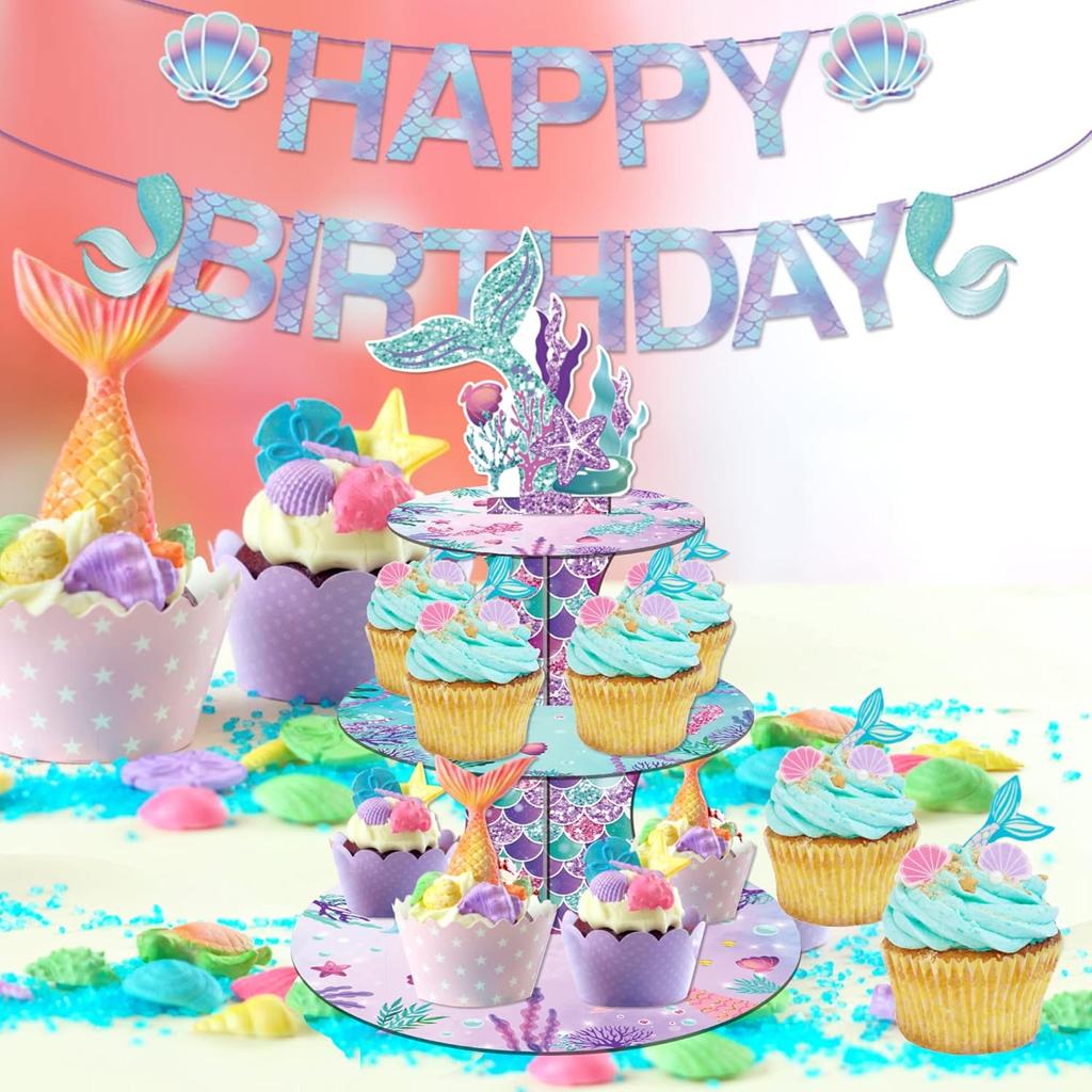 3 Tier Mermaid Cupcake Stand Party Decorations, Mermaid Themed Cupcake Holder Decorations with 20Pcs Mermaid Cupcake Wrappers and Toppers, Cupcake
