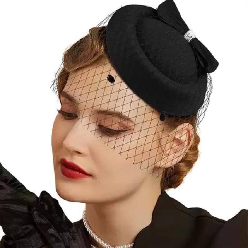 Black Mesh Headdress Stewardess Hat French Temperament Pearl Bow Hair Clip For Women