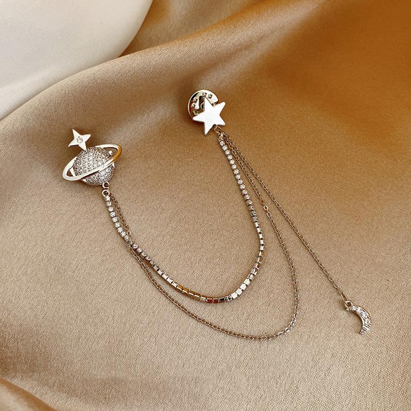 Chain Tassel Planet Suit Pin Brooch Single-Stitched Corsage Mourning Brooch