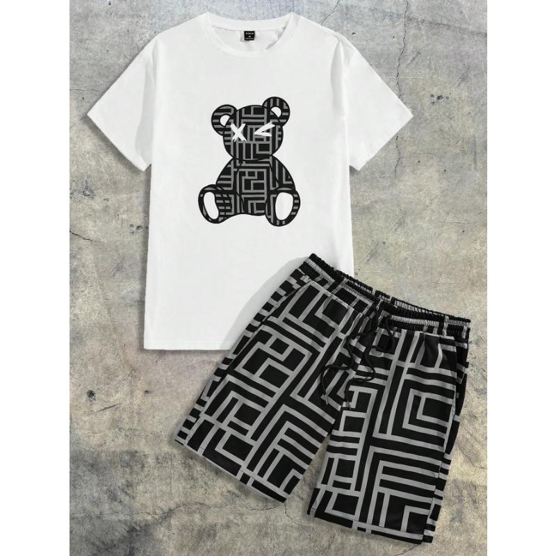 Zomer 2026 Heren Korte Mouw Shorts Set met Beerprint Ademend Lichtgewicht Casual Modieus Buiten Kleding voor Mannen