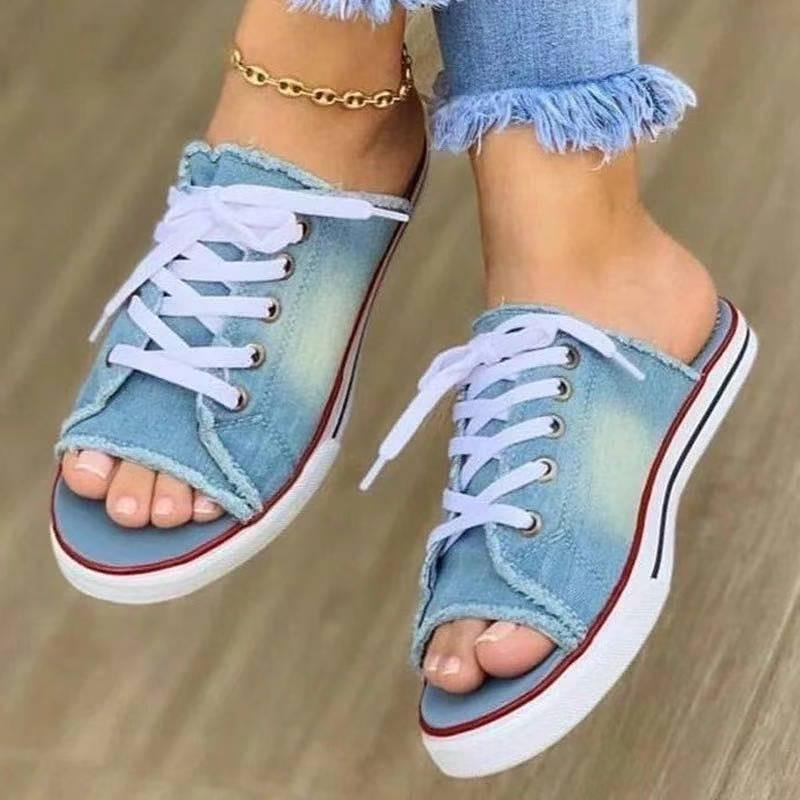 New summer canvas women's sandals one-character low-heeled women's shoes denim straps shoes flats