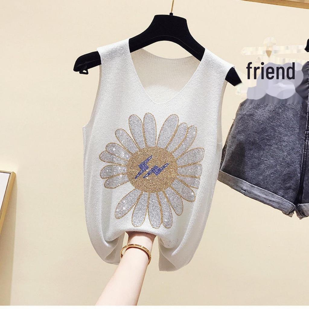 Chaleco sin mangas de seda brillante con cuello en V para mujer 2023: Nuevo estilo de primavera/verano con corte holgado y detalles de diamantes