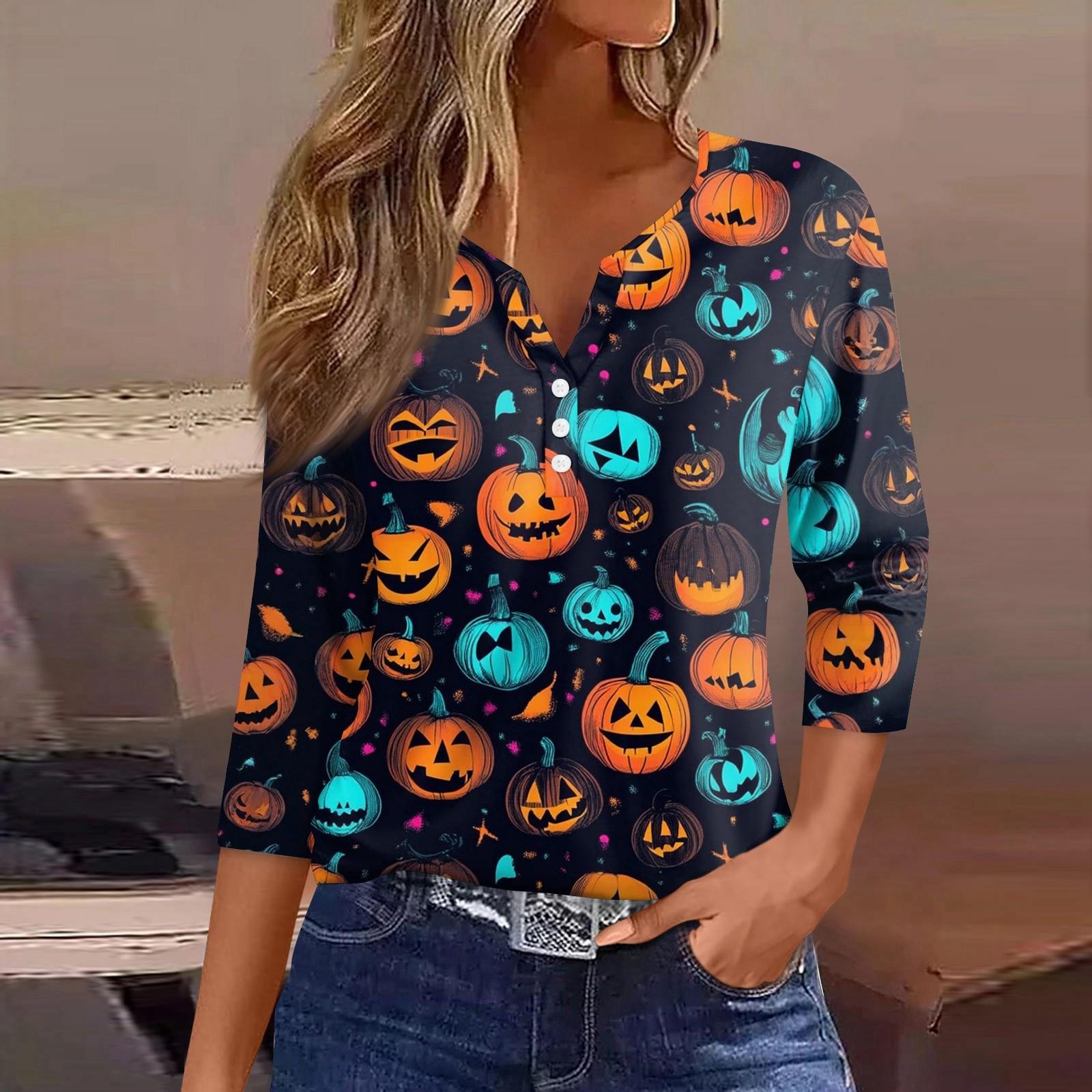 

Женская футболка Футболка Хэллоуин Принт Пуговица Рукав 3/4 Туника Повседневная Мода Выходного дня Базовая V-образный вырез Обычный топ S синий