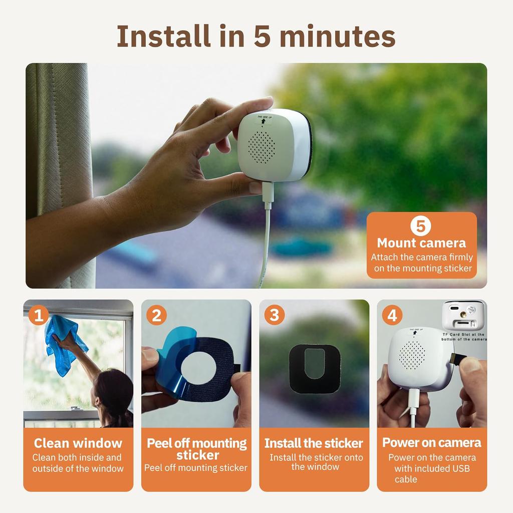 Fensterkamera – Ersetzt Außenkameras | 2,4/5-GHz-WLAN | 3 MP HD | Vollfarb-Nachtsicht durch das Fenster