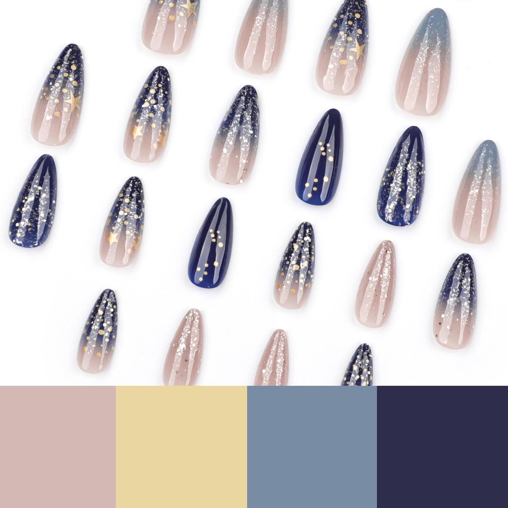 Short Spicy Star Almond Glitter Gradient False Nails