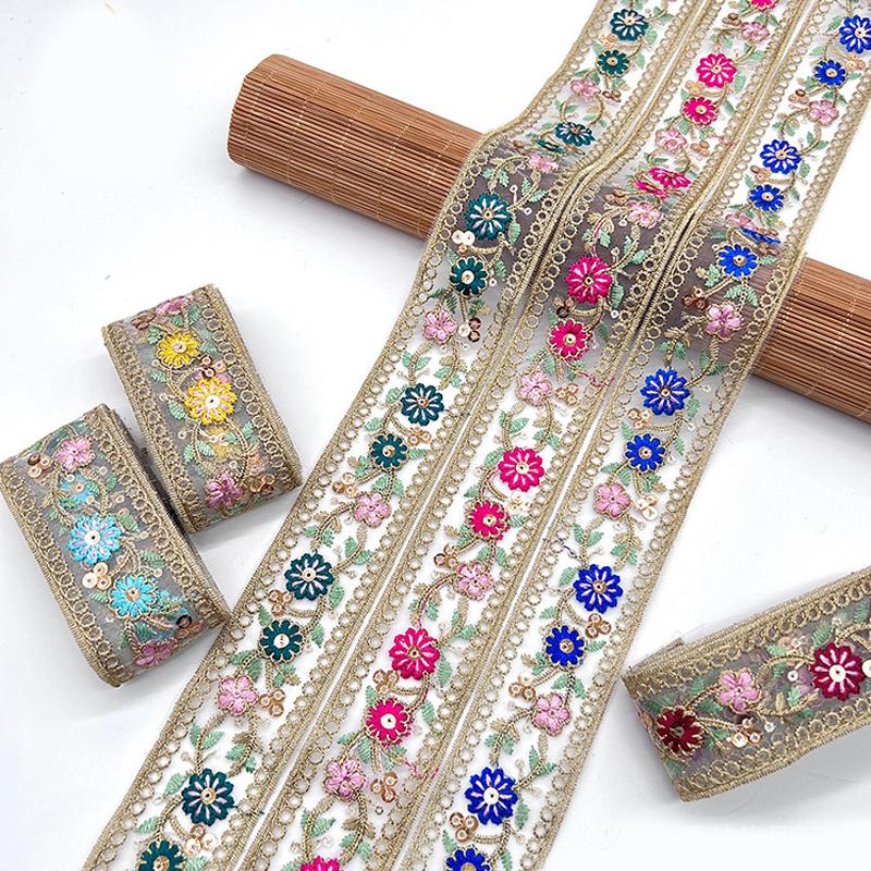 5yards 4cm Embroidered Flower Ribbon, Ethnic Lace Trimming for DIY Sewing Clothes, Bag Accessories Curtain/Tablecloth Decor