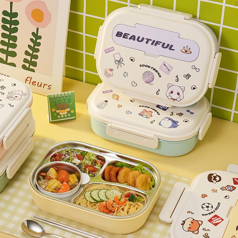 Boîte à lunch Bento pour enfants, à couvercle rabattable, en acier inoxydable 316, compatible micro-ondes, avec compartiments pour les aliments, à décorer soi-même et décorée de dessins animés.
