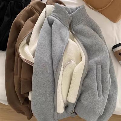 Verdickte Samt-Sweatshirtjacke mit Reißverschlusskragen, warm, lässig, Herbst, Winter, Pendeln, Damen