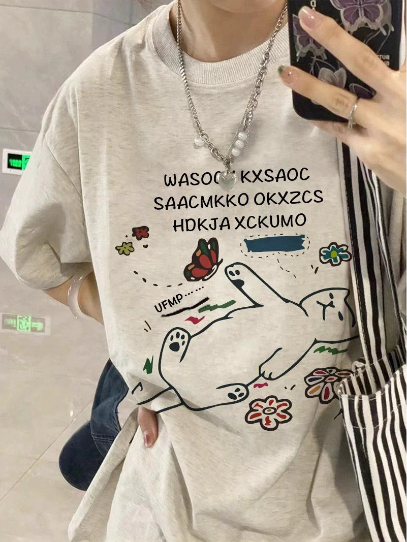 

Women s Heather Gray Retro Short-Sleeve T-Shirt - 2025 Summer Loose Straight-Shoulder Design M