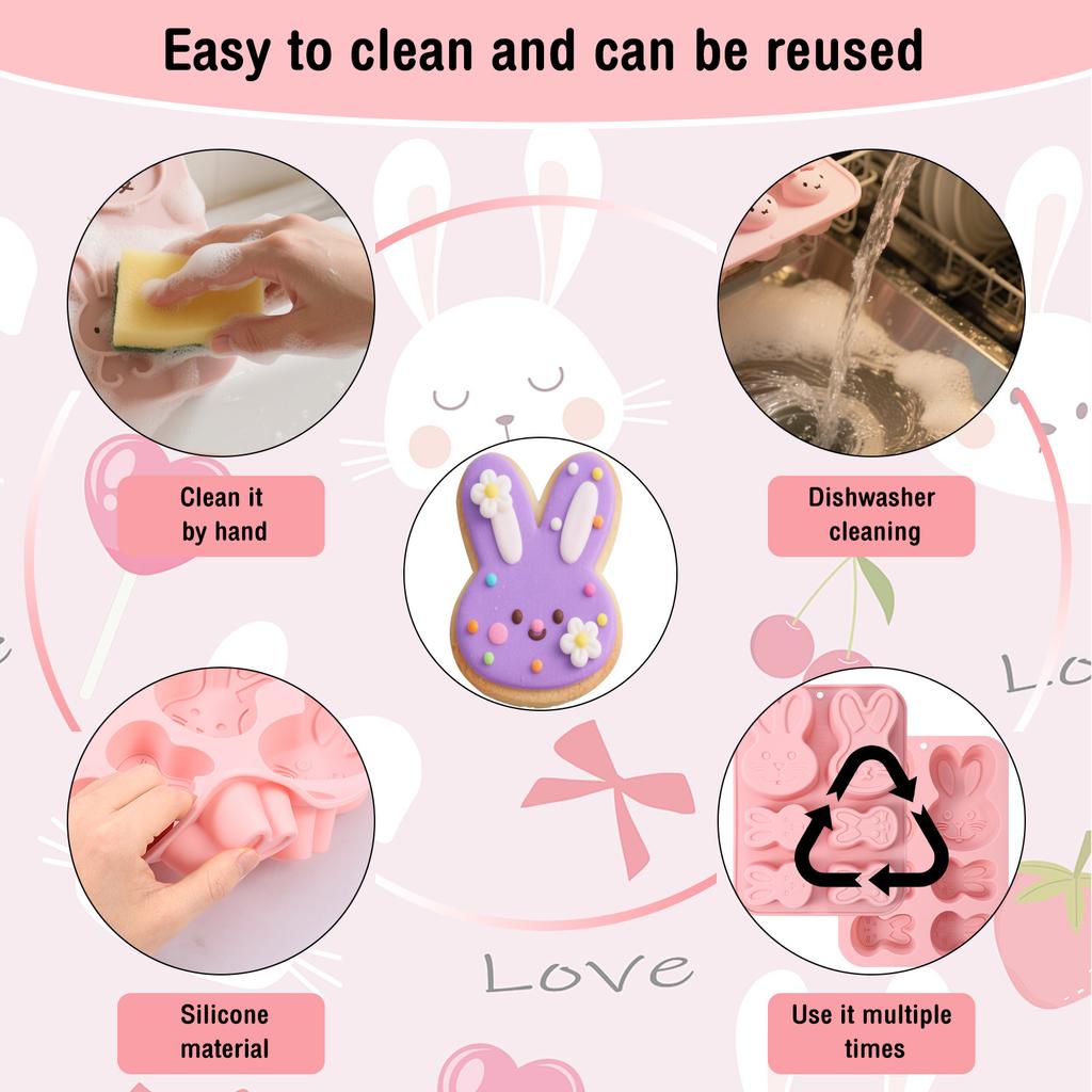 4Pcs Silicone Chocolate Candy Mold Reusable Bunny Shape Baking Mold Heat Resistant Bow Baking Tool for Candy Chocolate Cookies