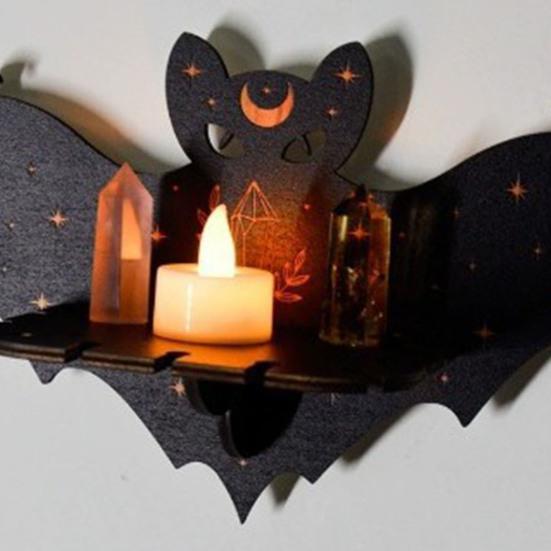 Halloween Bat Wall Floating Shelf Faux Crystal Display Shelf Wooden Candle Holder Wall Shelf Decoration Living Room Bedroom Bathroom Storage Rack