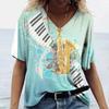Women's Piano Print T-shirt, V-neck Harajuku Clothing, Loose Short-sleeved Top, Basic Summer T-shirt