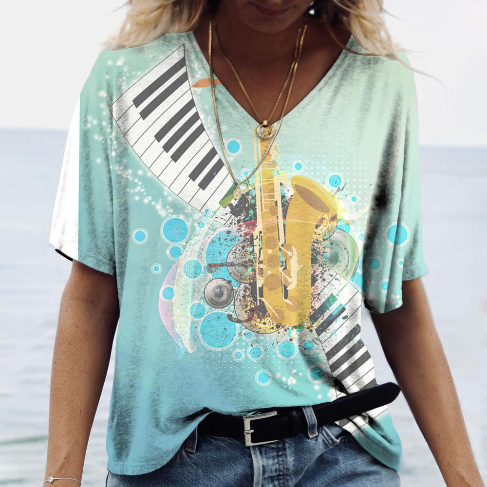 Women's Piano Print T-shirt, V-neck Harajuku Clothing, Loose Short-sleeved Top, Basic Summer T-shirt