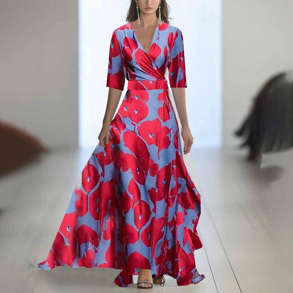 Ladies' Casual And Fashionable Solid Color Printed Patchwork V-neck Long  Dress